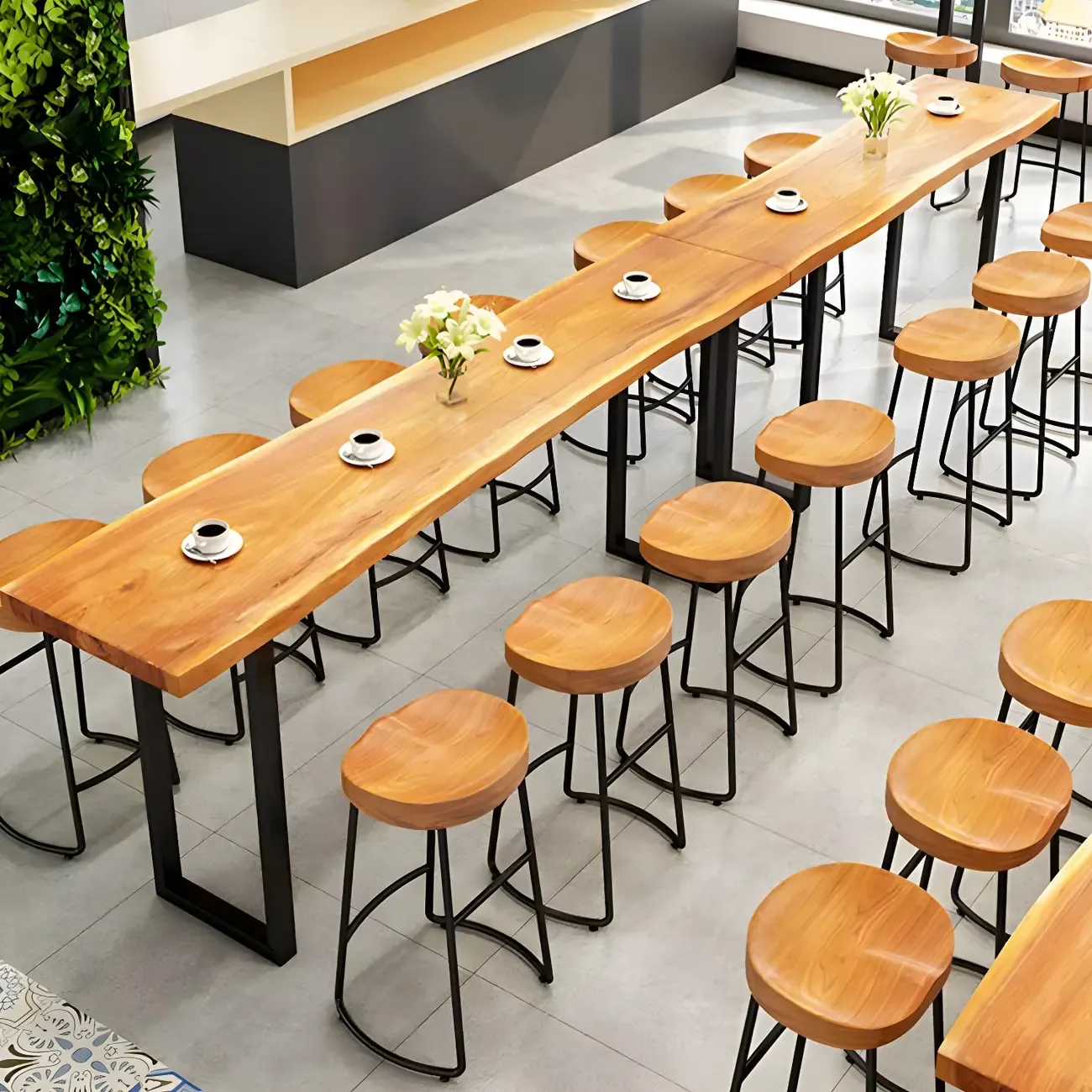 Scandinavian Brown Wooden Black Metal Base Bar Tables