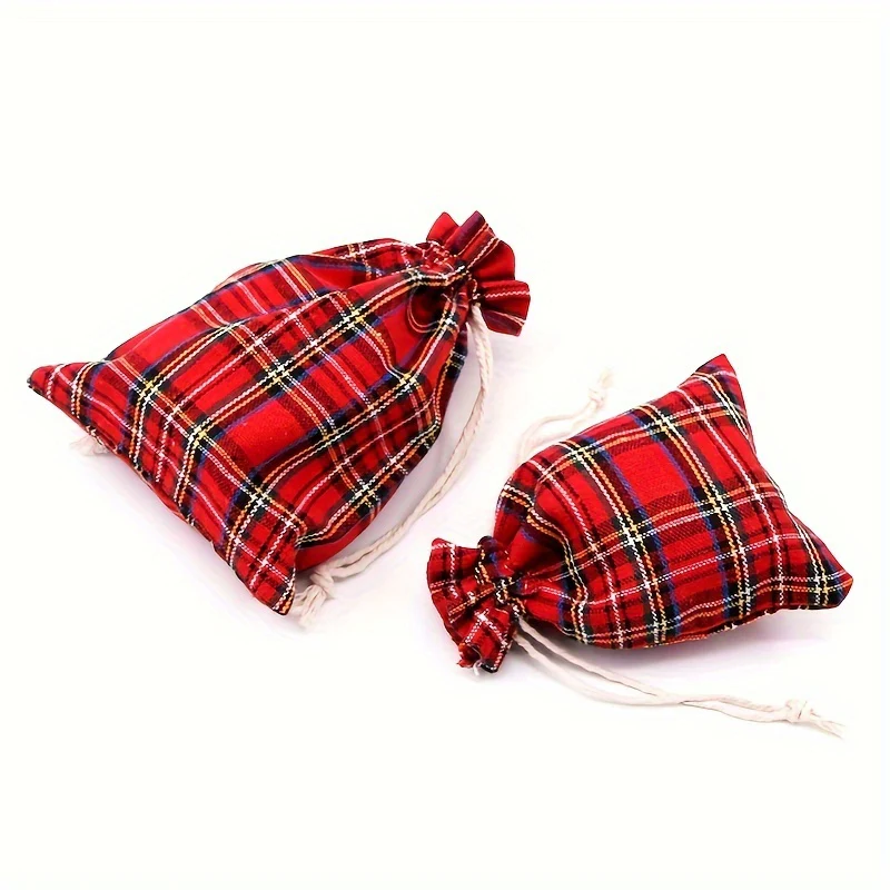 10 Pcs Festive Red Plaid Reusable Cotton Drawstring Bags - Perfect for Wedding, Birthday, Christmas, and More Decorative Occasions - Deanwangkt
