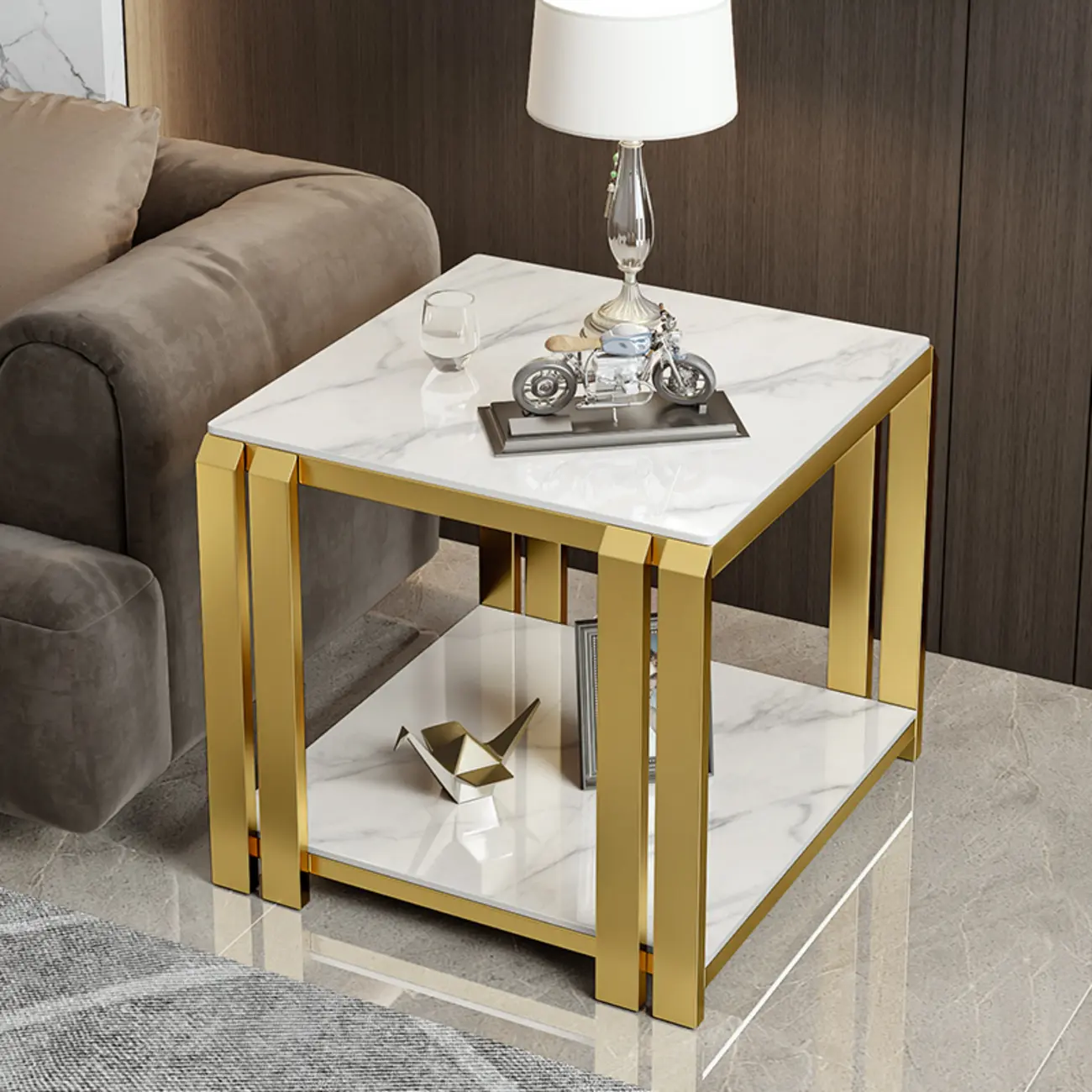 Gold-Black 2-Tier Stone Top Square Metal Frame Side Table
