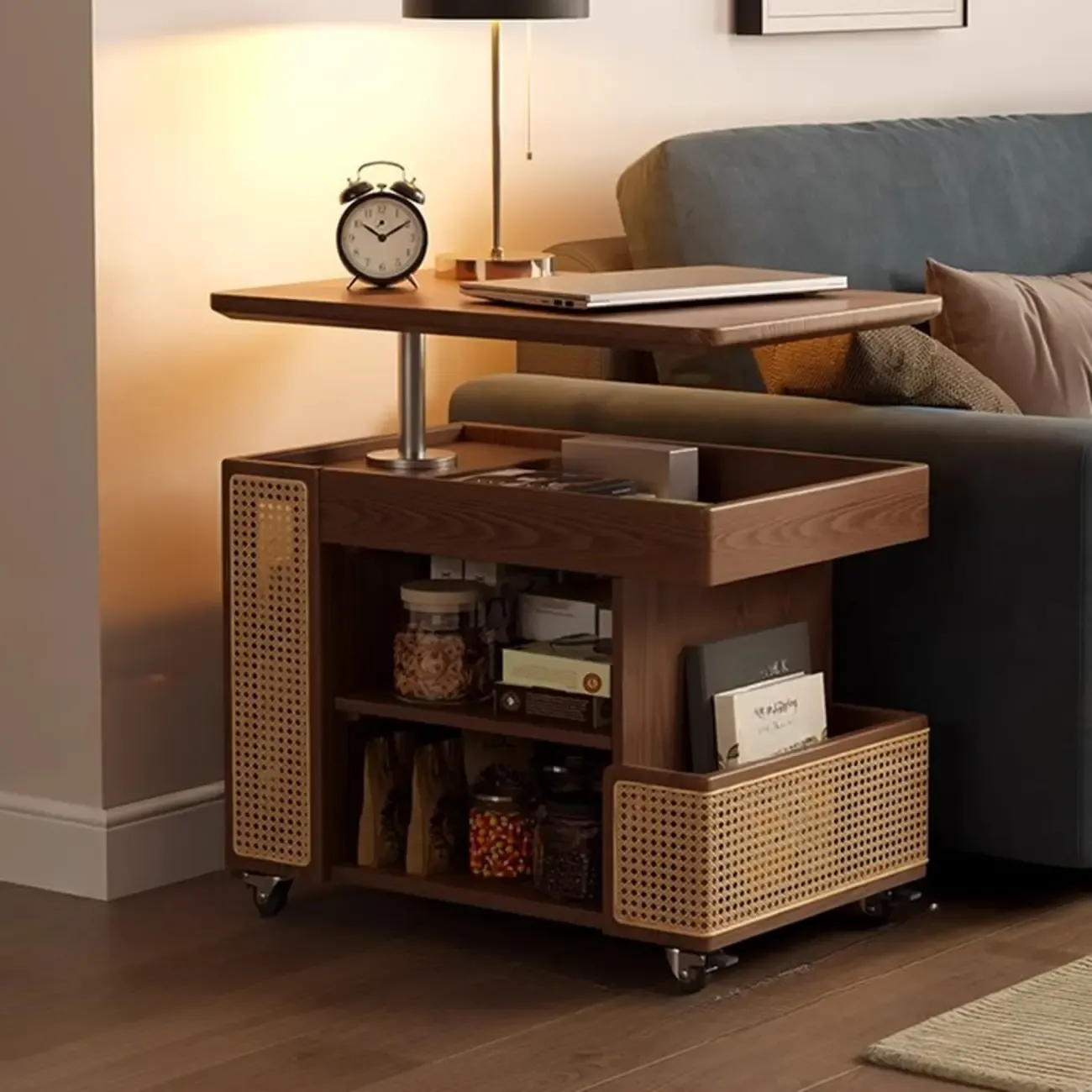 Nut-brown Adjustable Lift Top Wood Trolly Side Table