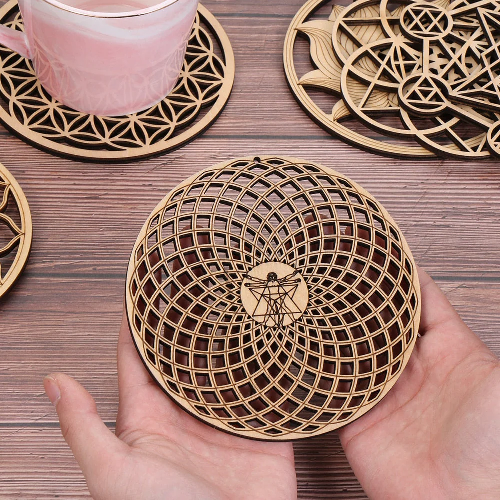 HULIANFU Log Color Chakra Pattern Round Edge Circles Carved Wooden Stand Coaster Flower of life Reload Stone Kitchen Hot Pad Mat Decor - Deanwangkt