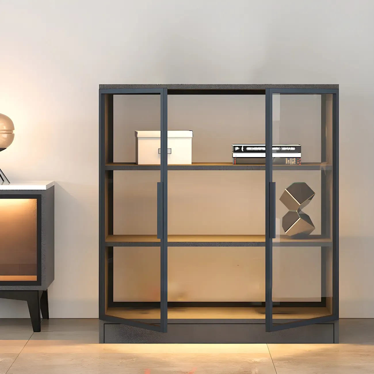 Square 2-Shelf Black Wooden Display Cabinet with Light