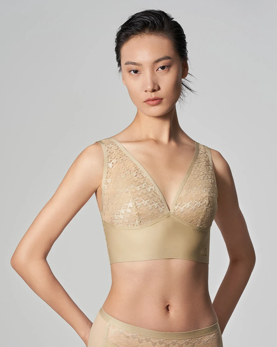 Wireless Vest-Style Bra Panty Set, Sexy Deep V Mesh Underwear Briefs for Women