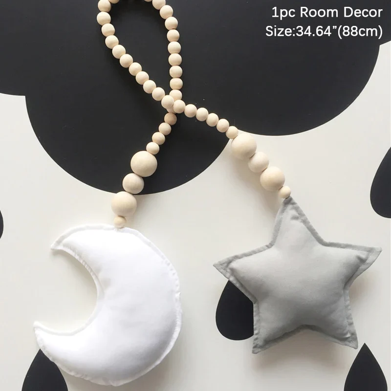 HULIANFU Nordic Boho Room Decor Double Star Moon Wooden Beads Cotton Hanging Wall Decoration Kawaii Kids Baby Bedroom Living Room Decor - Deanwangkt