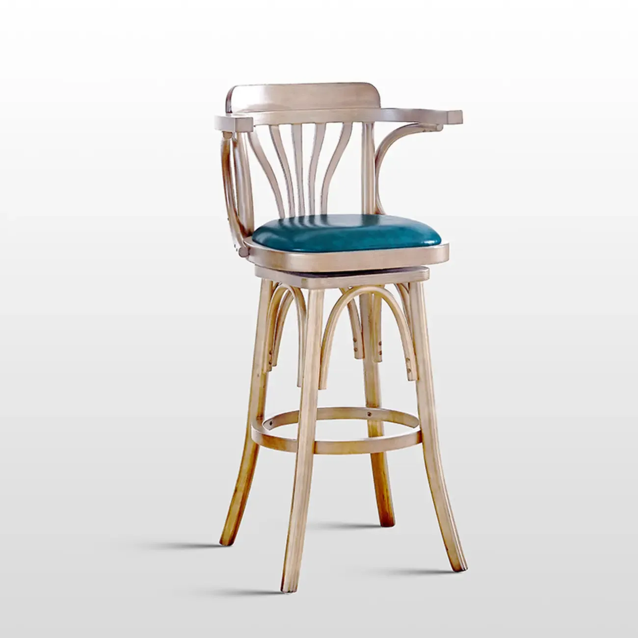 Antique Blue Leather Upholstered Rotatable Bar Stool