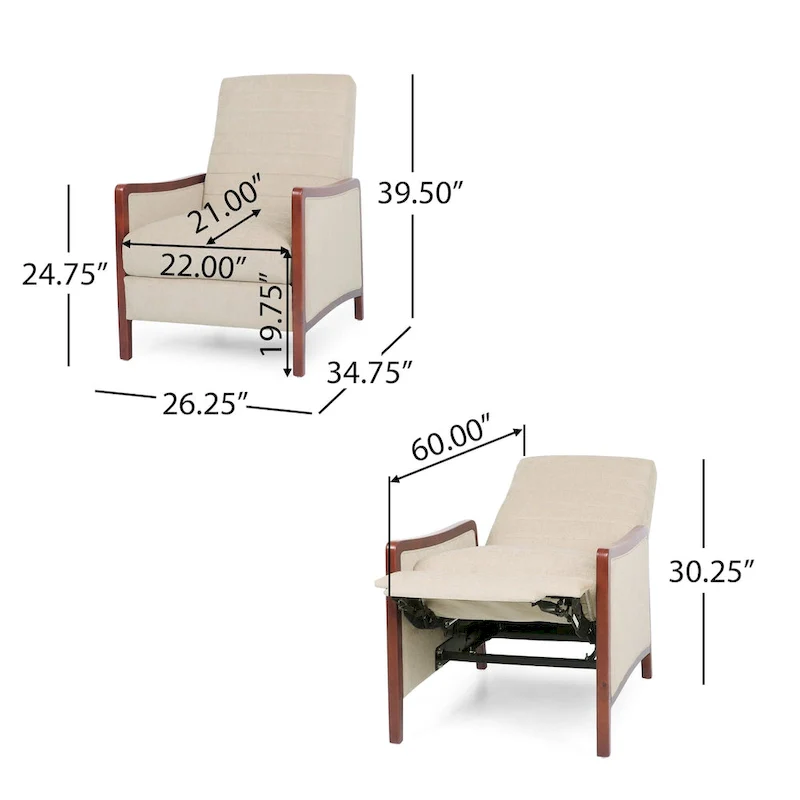 Mid Century Modern Fabric Channel Stitch Wood Pushback Recliner