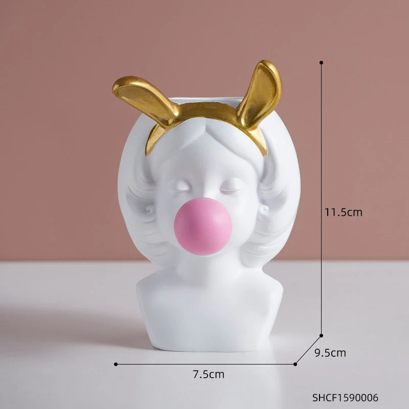 HULIANFU Resin Vase Nordic Modern Home Decoration Cute Girl Blowing Bubbles Decorative Head Carving Flower Vases Pen Holder Vase Flowers - Deanwangkt