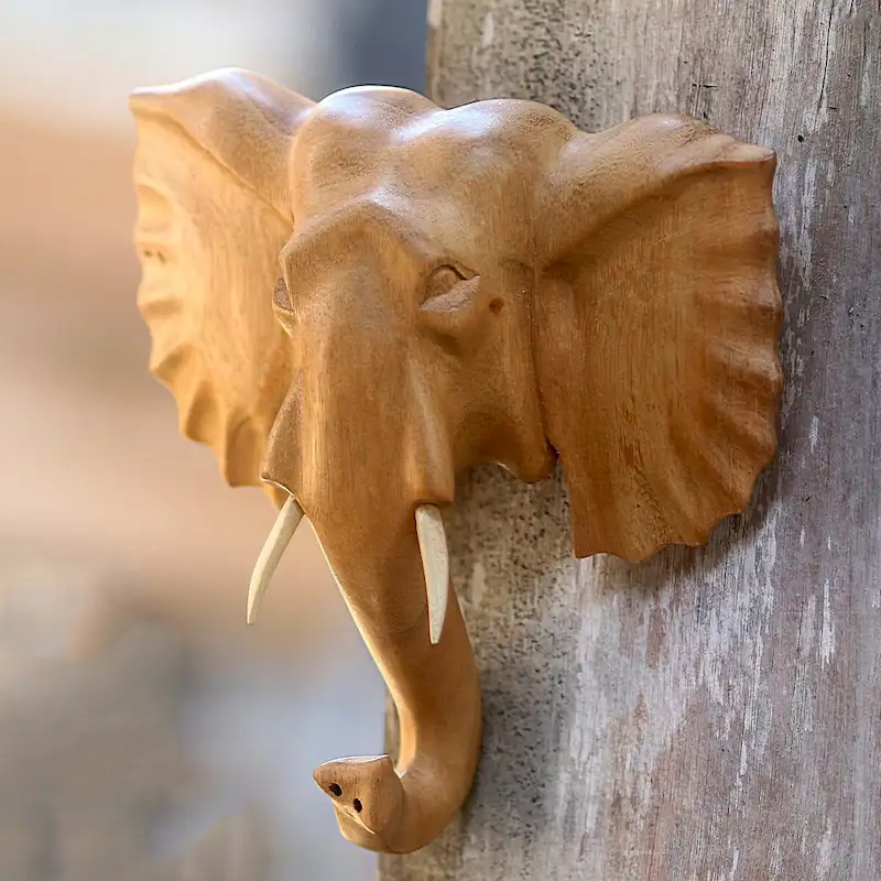 Handmade Elephant Presence Wood mask (Indonesia) - 32 x 28 x 14