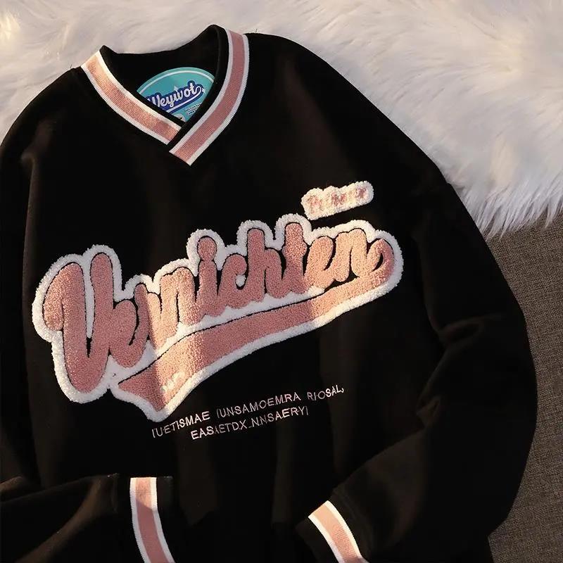 Vintage Punk Style Streetwear Chic V-neck Letter Embroidery Sweatshirt Women Baseball Oversized Tops Harajuku Clothes for Teens - Deanwangkt
