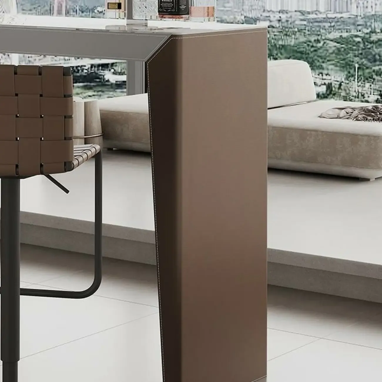 Stylish White Brown Stone Leather-Covered Leg Bar Tables