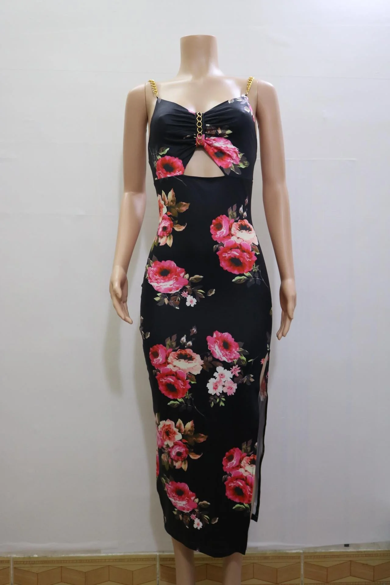 Hulianfu Sexy Spaghetti Strap Backless Floral Midi Bodycon Dress Women 2026  Summer Black  Metal Chain Party Long Dresses For Women - Deanwangkt