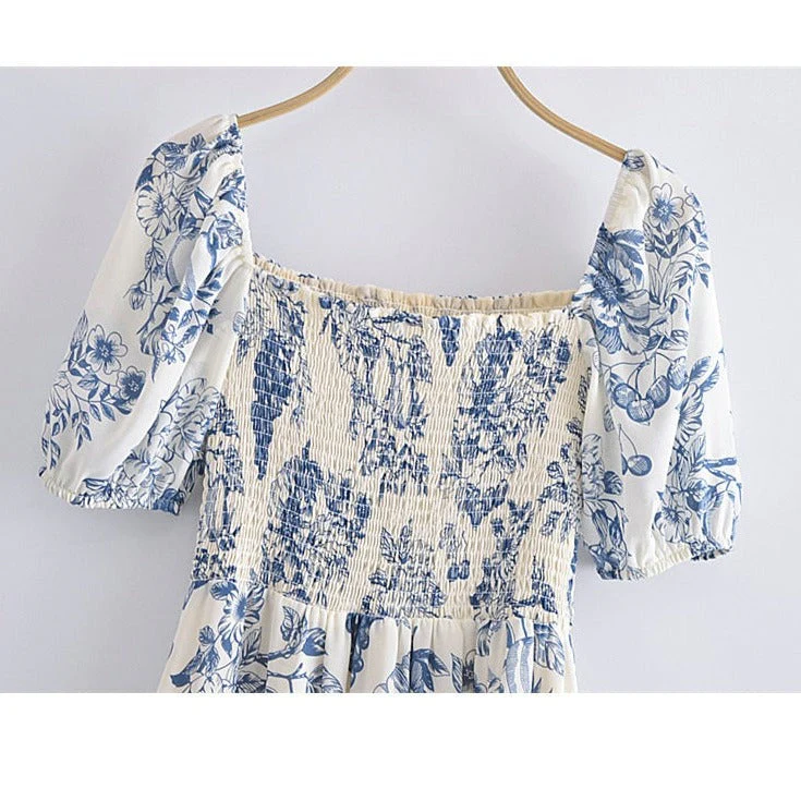 Hulianfu New Summer Women Vintage Fruit Floral Print Square Neck Puff Sleeves Elastic Sexy Side Slit Long  Midi Dress - Deanwangkt