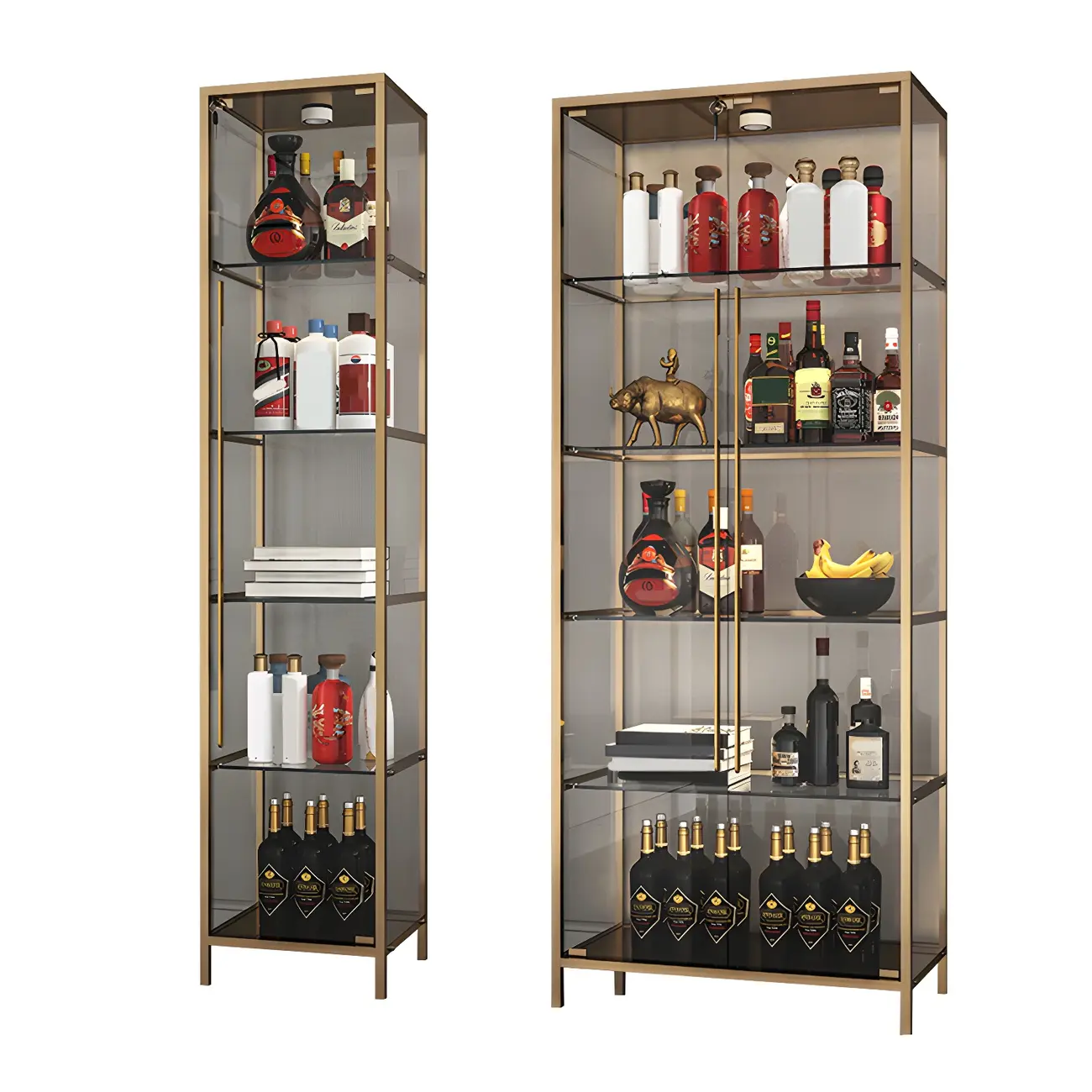Modern Gold Glass Shelf Display Standard Curio Cabinet
