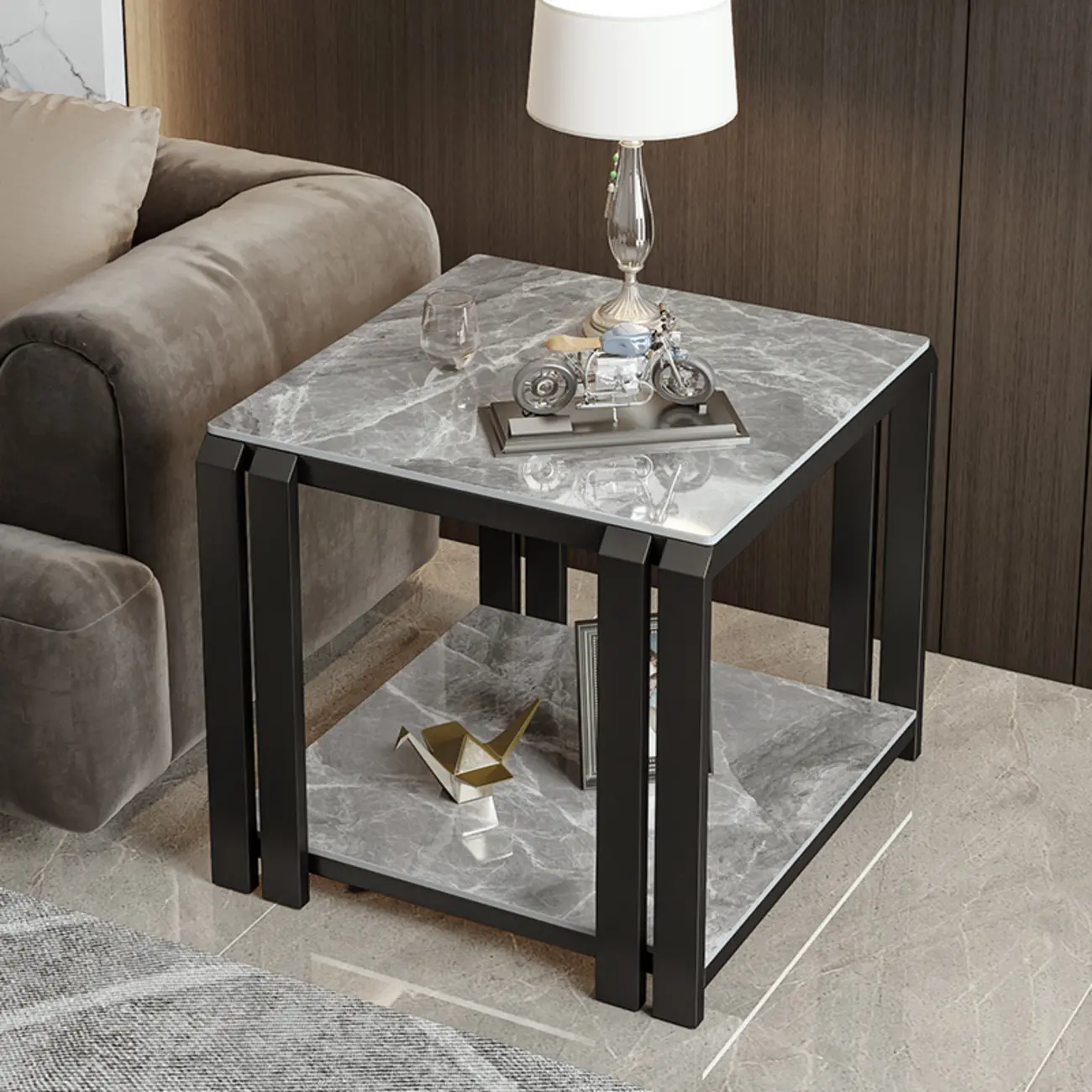 Gold-Black 2-Tier Stone Top Square Metal Frame Side Table