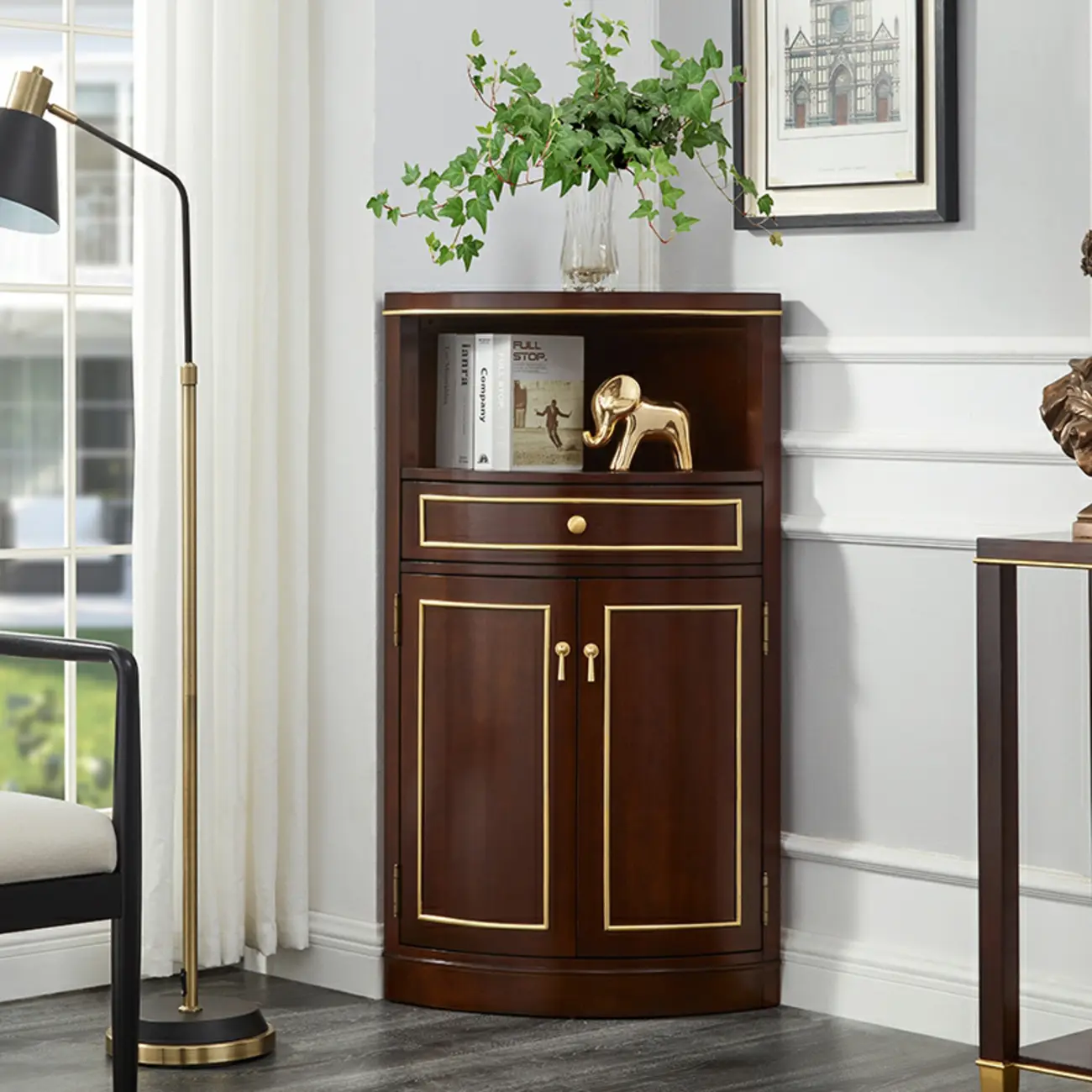 Antique Grey Wooden Gold Accent Corner Cabinet