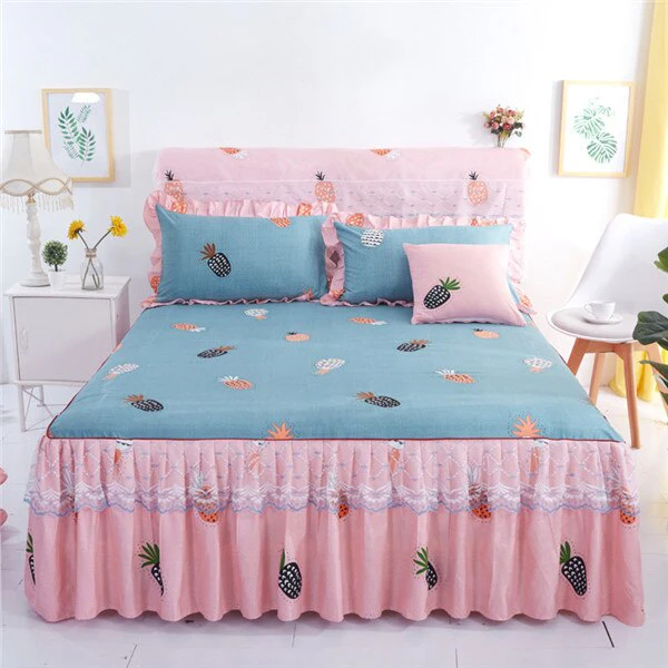 HULIANFU  3pcs set Elegant floral bed skirt skin-friendly cotton lace bedding home decor bedspreads queen pink king size bed cover - Deanwangkt