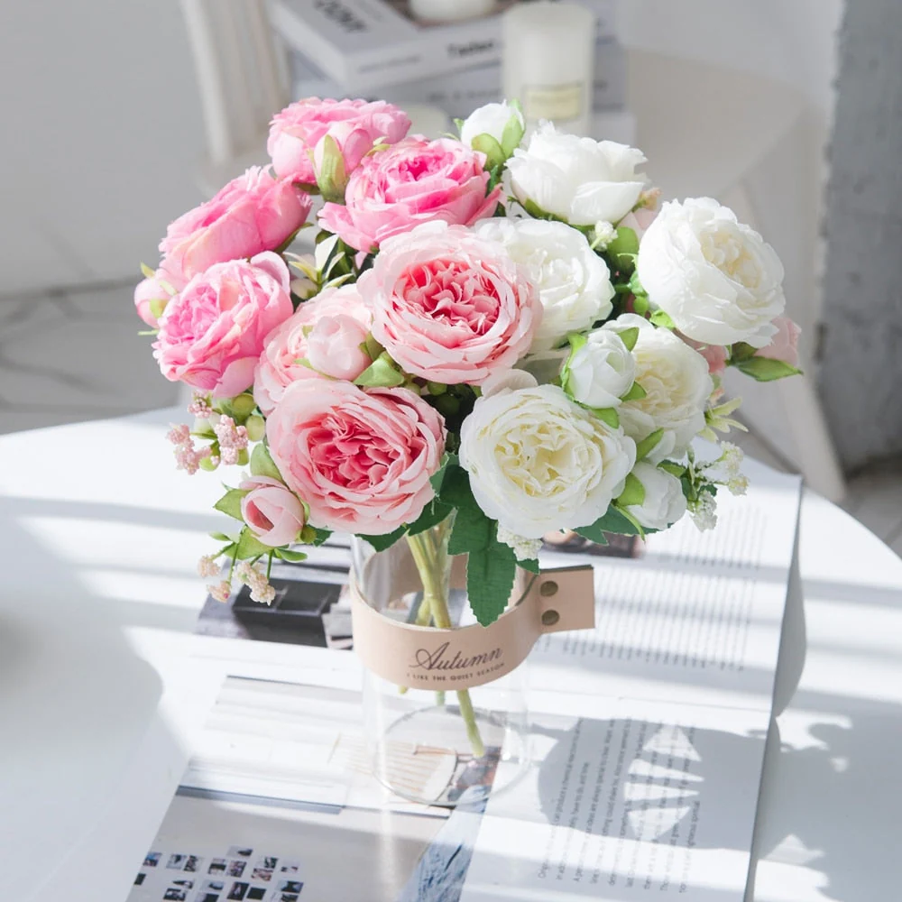 HULIANFU White Roses Artificial Flowers Silk Peonies Wedding Decorative Vases for Home Decor Bride Bouquet Foam Craft Gifts Fake Plants - Deanwangkt