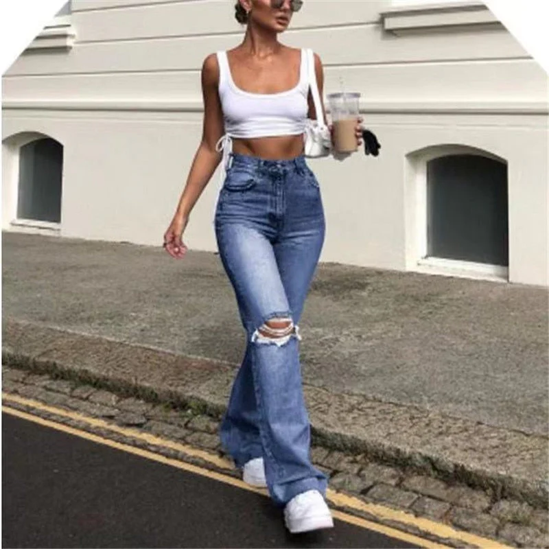 Hulianfu new style micro-bladed jeans women's ripped European and American high-waisted wide-leg flared trousers all-match loose - Deanwangkt