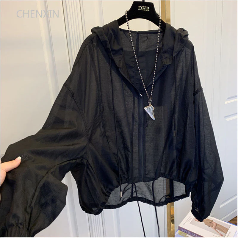Hulianfu Women Jackets Hooded Summer Sun-proof Zipper Coats Thin Loose See Through Outerwear Breathable Outwear Lightweight Clothes Black - Deanwangkt