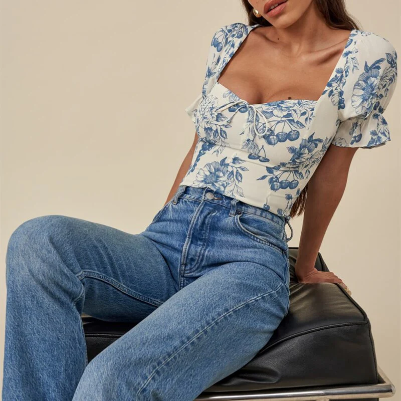 Hulianfu French Vintage Square Collar Puff Sleeve Folds Lace-Up Shirt Zipper Female Floral Print Summer New Fashion Crop Tops Women - Deanwangkt