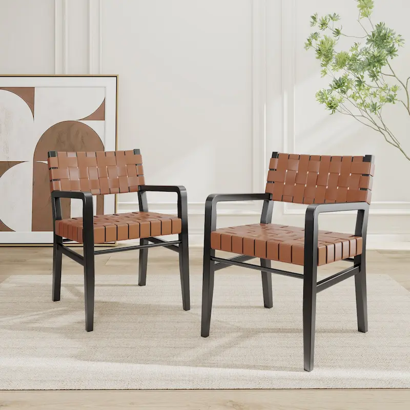 Prosen Morden Woven Leather Rubberwood Dining Chairs With Arms (Set of 2) by Christopher Knight Home