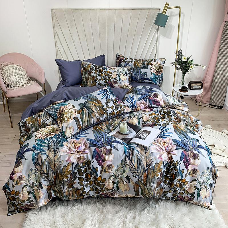 HULIANFU Tropical Leaves Flowers Duvet cover set Silky Soft 100%Egyptian Cotton Bedding set Queen King Bed sheet Quilt Cover Pillowcases - Deanwangkt