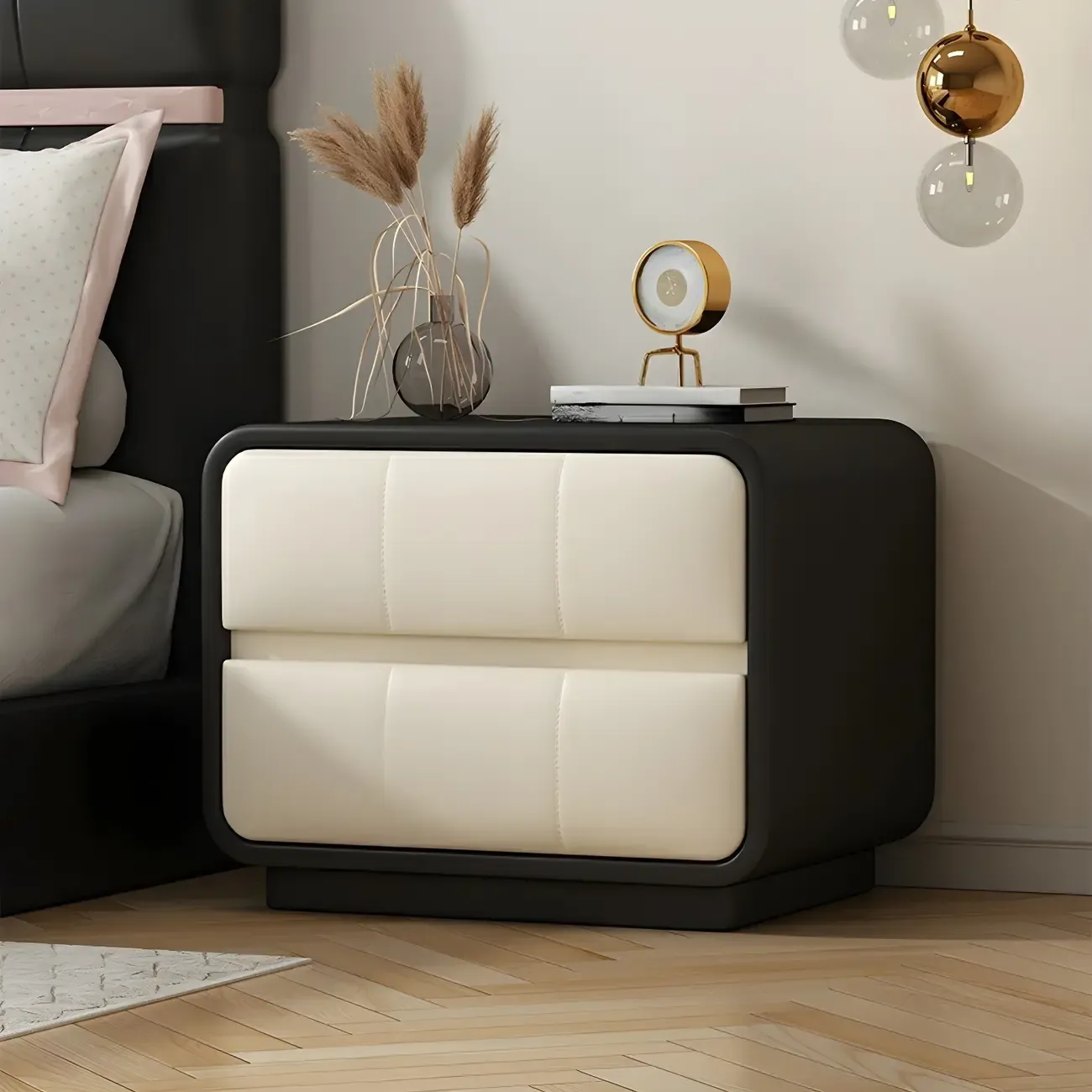 Modern Leather Wood Soft-Line 2 Drawer Nightstand