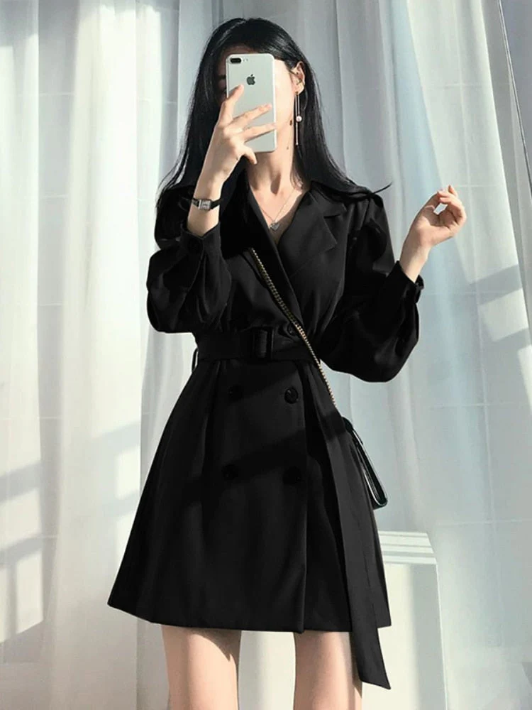Hulianfu Vintage Notched Black Long Sleeve Jacket Slim Blazer Mini Dresses for Women Korean Fashion Sexy Casual Bodycon Dress Autumn - Deanwangkt