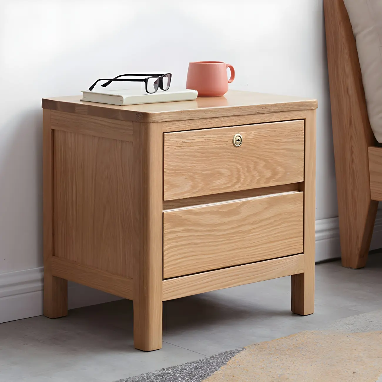 Scandinavian Oak Wood Narrow Locking Nightstand