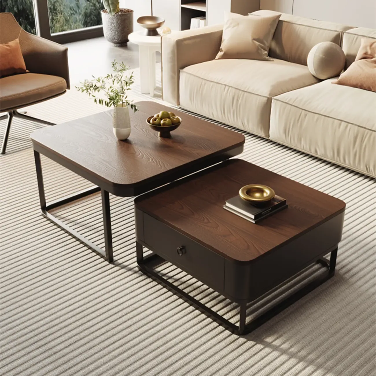 Modern Square Wood Stone Nesting Coffee Table