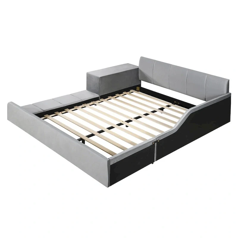 Upholstered Grounded Bed Mother & Child Bed with Bedside Desk and Little Round Stool