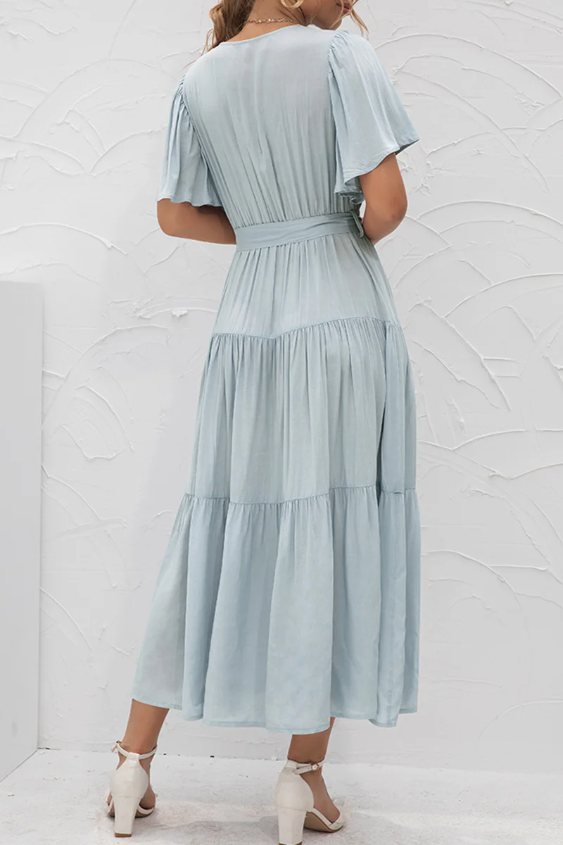 hulianfu Elegant Solid Patchwork With Belt V Neck Cake Skirt Dresses - Deanwangkt