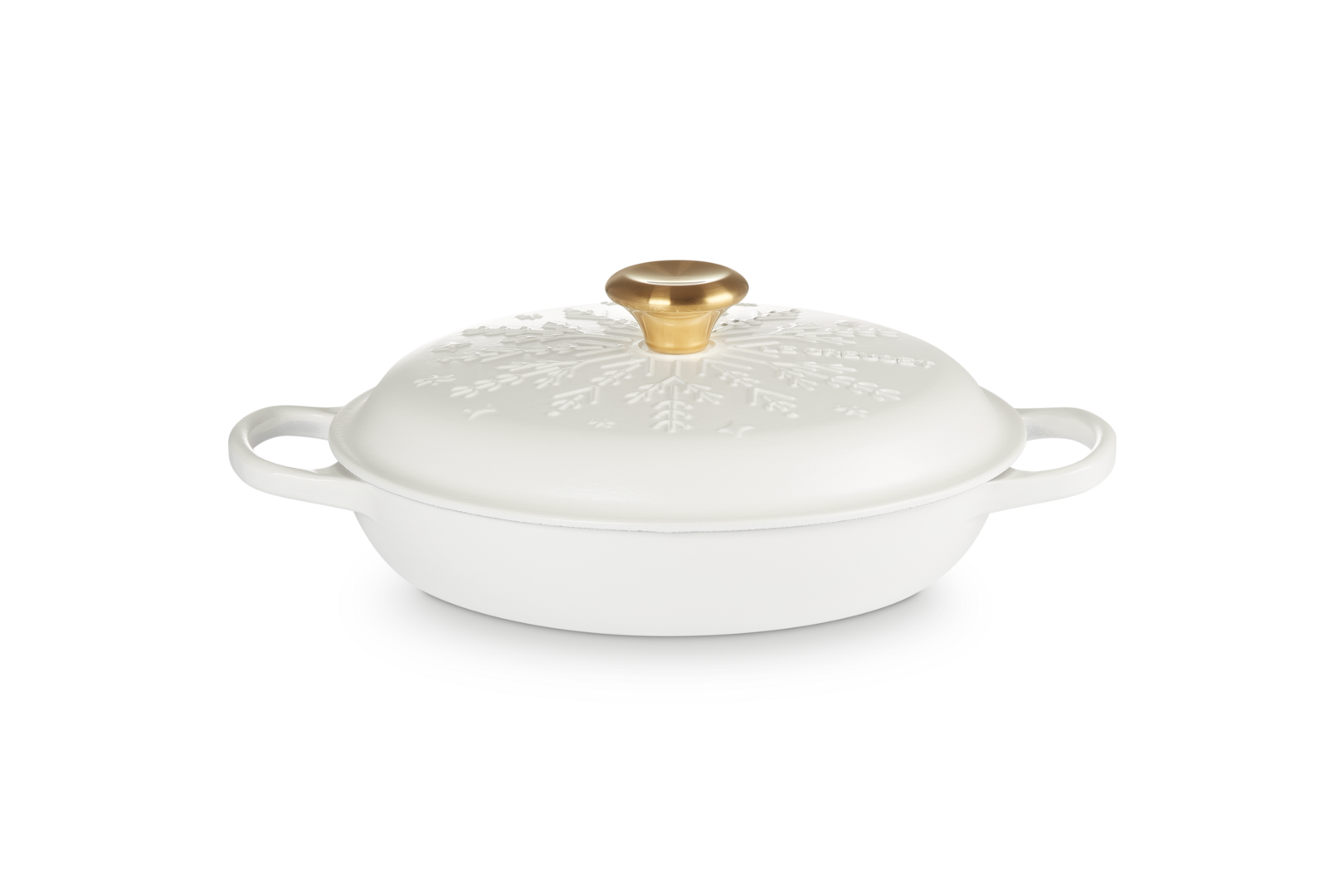 Cast Iron Shallow Casserole with Gold Knob and Snowflakes Relief