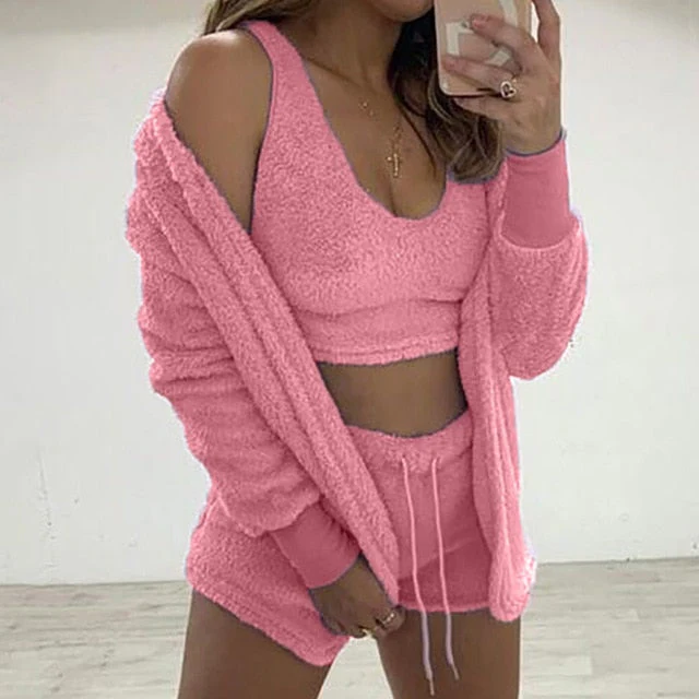 Three Piece Sexy Fluffy Outfits Plush Velvet Hooded Cardigan Coat+Shorts+Crop Top Women Tracksuit Sets Casual Sports Sweatshirt - Deanwangkt