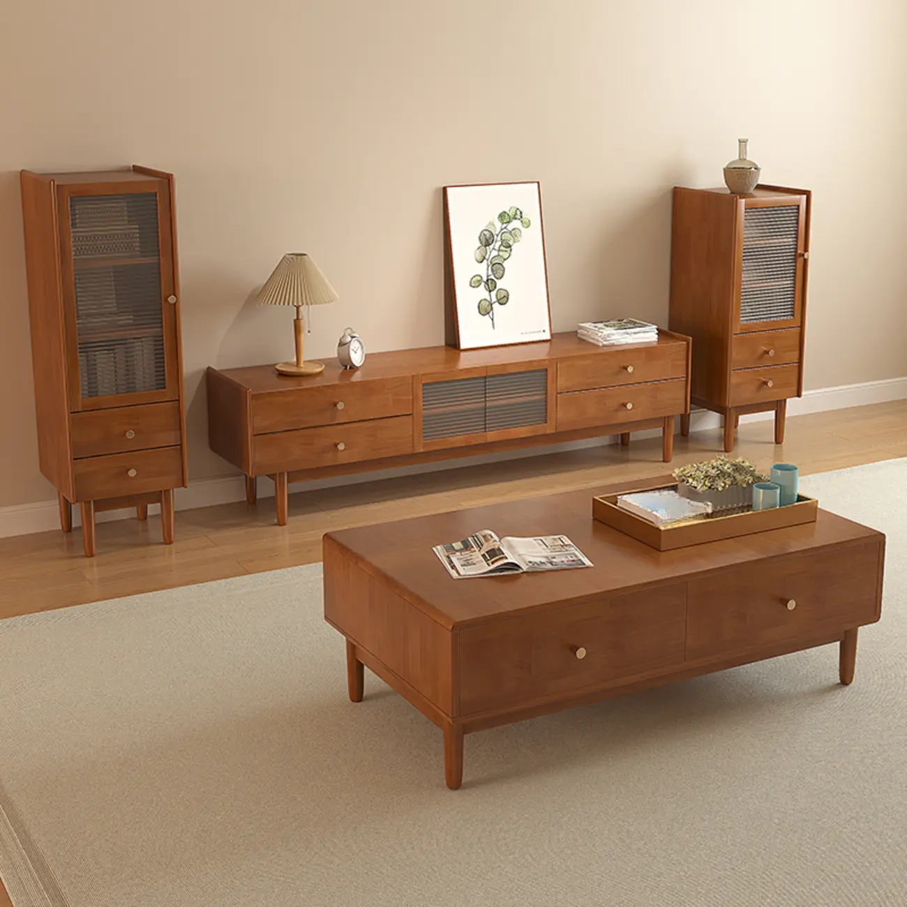 71 Rectangle Cherry Wood TV Stand with Cabinet & Drawers