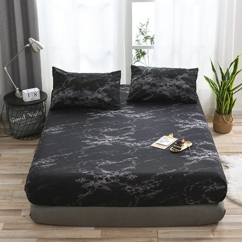 HULIANFU Nordic Mirco Fiber Marble Print Fitted Bed Sheet Single Elastic Band Double Bed Linen Home Soft Comfortable King Size Bedsheet - Deanwangkt