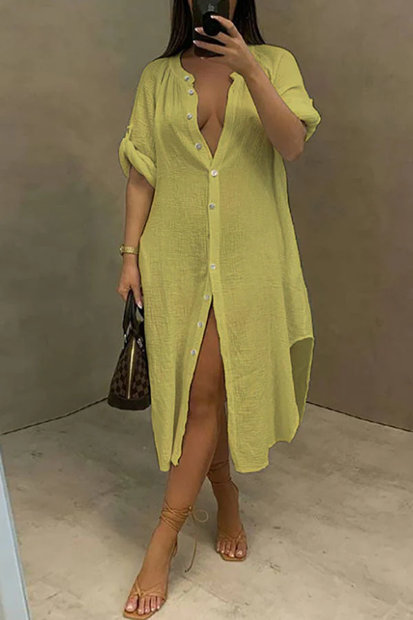 hulianfu Solid Color Casual Single Breasted Midi Dress - Deanwangkt