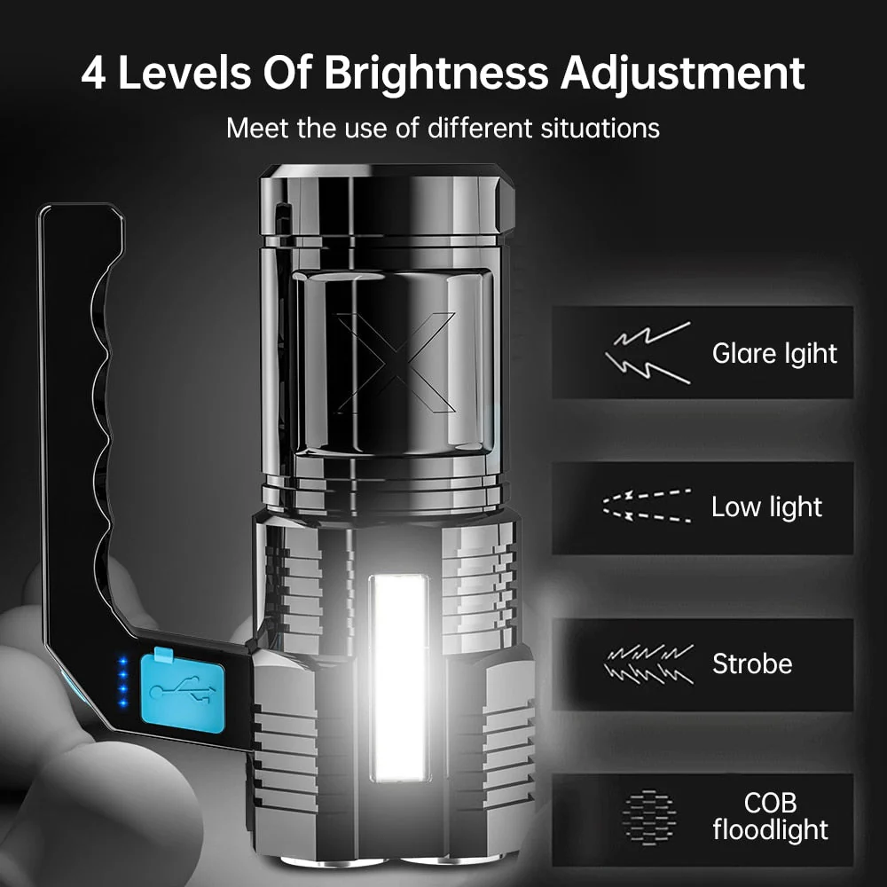 HULIANFU Powerful LED Flashlight USB Rechargeable Handheld Lantern Camping Portable Lamp Built in Battery Lighting COB 4 LED Flashlights - Deanwangkt