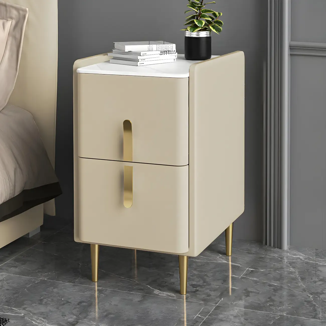 Glam Night Table with 2 Drawers – Off-White Finish