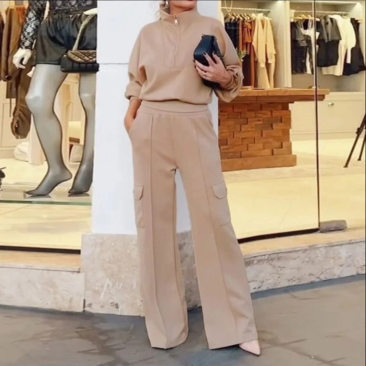 🔥 Brown Plain Collared Long Sleeve Two Piece Set