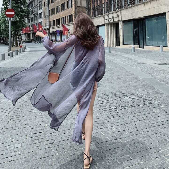 Hulianfu Women Blouse Sun Protection Fashion Long Lantern Sleeve Outerwear Sheer All-match Thin Beach Street Comfort Korean Style Leisure - Deanwangkt