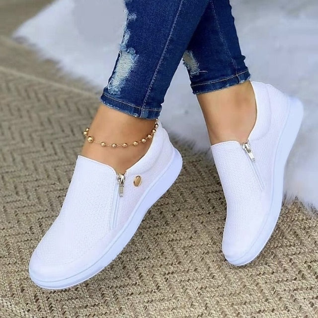 Women's Sneakers Plus Size Slip-on Sneakers White Shoes Outdoor Daily Flat Heel Round Toe Basic Casual Minimalism Walking Shoes Mesh Zipper Solid Color Black White Gold - Deanwangkt