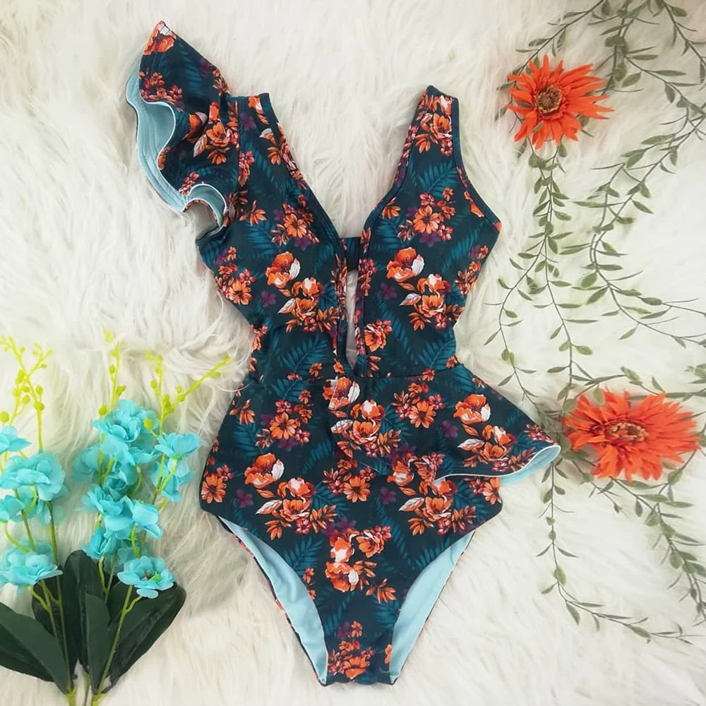 New Sexy Ruffle Print Floral One Piece Swimsuit Off The Shoulder Swimwear Women Solid Deep-V Beachwear Bathing Suit Monkini - Deanwangkt