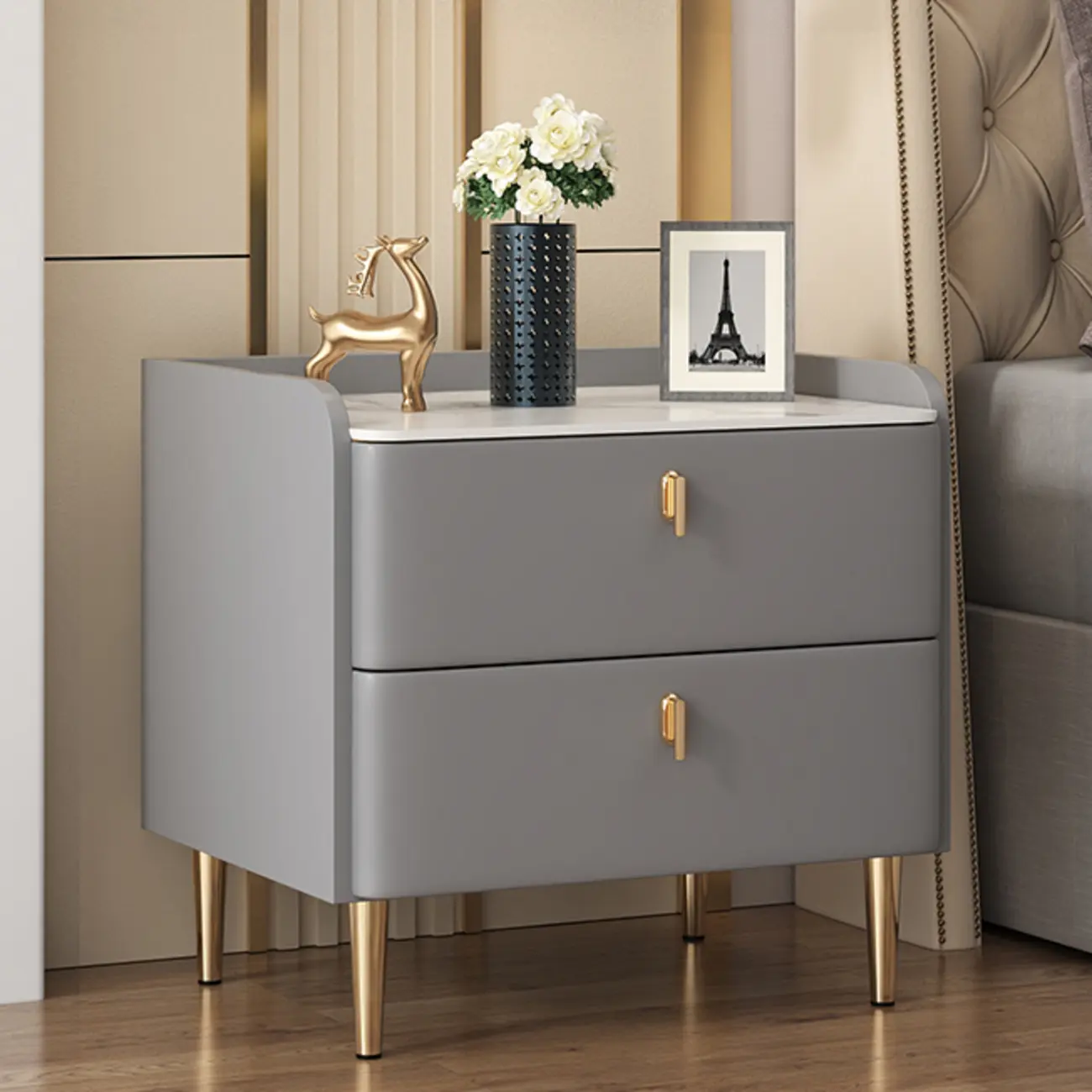 Trendy Stone Leather Gold Accents 2-Drawer Nightstand