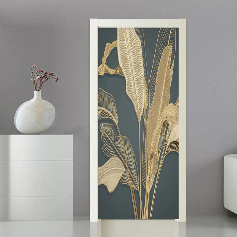 HULIANFU 2026  Door Sticker Modern Banana Leaf Light Luxury 3D Relief Golden Line Wallpaper Living Room Bedroom Abstract Art Door Poster Decor - Deanwangkt