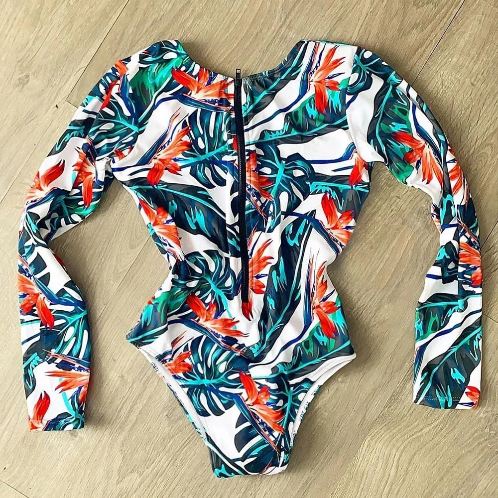 Long Sleeve Print Floral New One Piece Swimsuit Swimwear Women Bathing Suit Backless Swimsuit Vintage Surfing Swim Suit - Deanwangkt