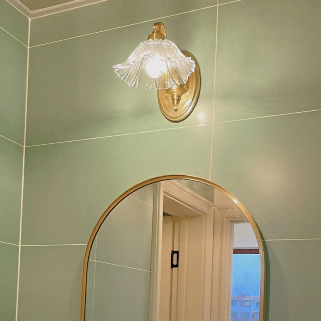 Clear Glass Floral Vanity Light with Gold Arc Arm for Bathroom