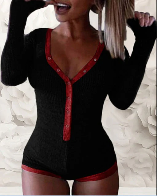 Hulianfu Spring New Women Knitted  Romper Homewear Cute Deep V-Neck Long-Sleeved Pajamas Female Star Pattern Button Jumpsuit - Deanwangkt
