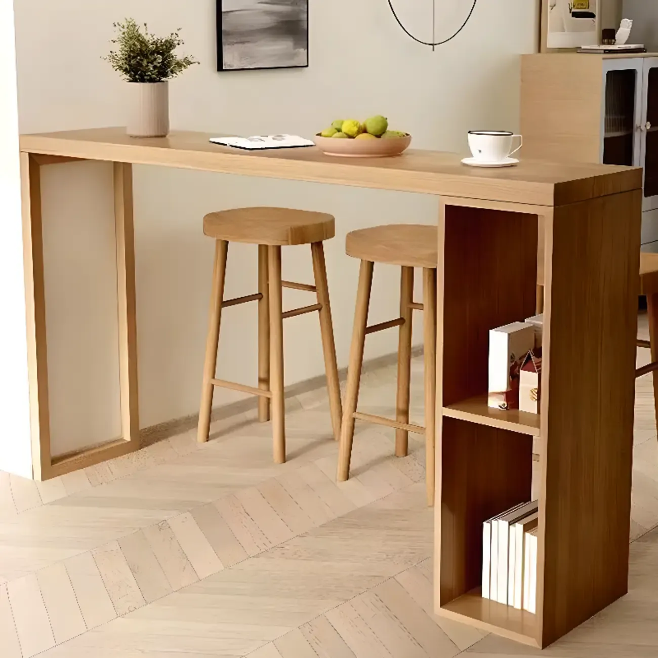 Scandinavian Brown Pine Fixed Storage Bar Tables