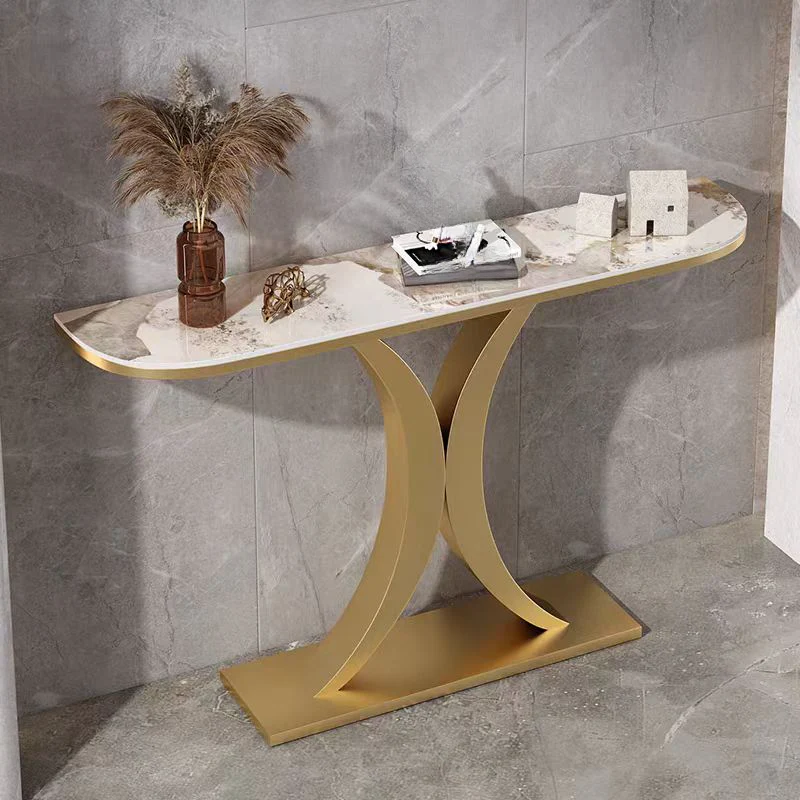 White Half-Circle Stone Rose Gold Entryway Console Table